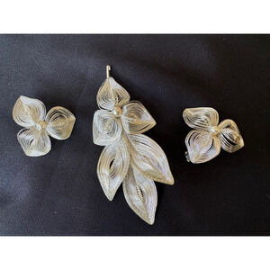 Vintage Spun Wire Jewelry Set Brooch Earrings Germany Pearl Flower Leaf MCM